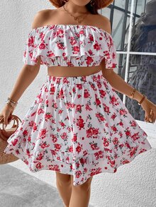 SHEIN Holidaya con estampado floral de hombros descubiertos Top crop & bajo con fruncido Falda - Blanco - Ver 5