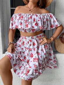 SHEIN Holidaya con estampado floral de hombros descubiertos Top crop & bajo con fruncido Falda - Blanco - Ver 7