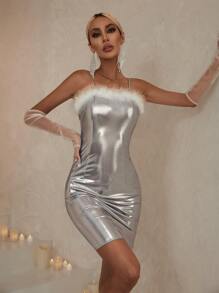 SHEIN BAE 毛茸邊緊身連衣裙 - 銀色 - 查看 1