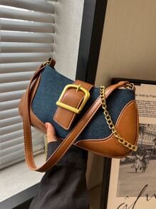時尚彩色區塊單肩包 - 藍色 - 查看 1