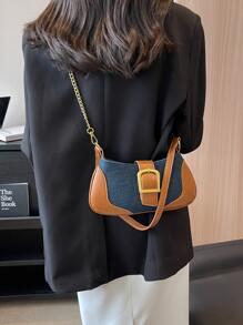 時尚彩色區塊單肩包 - 藍色 - 查看 3