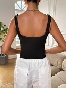 SHEIN EZwear Summer Black Y2k Solid Square Neck Tank Bodysuit