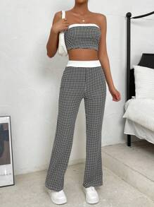 SHEIN EZwear Bộ đồ hai mảnh nữ Khối Màu Sọc ca rô Giải trí - Đen và trắng - Xem 2