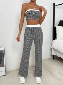 SHEIN EZwear Bộ đồ hai mảnh nữ Khối Màu Sọc ca rô Giải trí - Đen và trắng - Xem 5