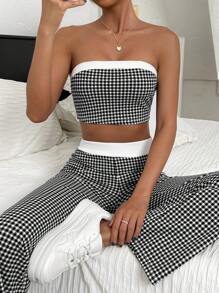 SHEIN EZwear Bộ đồ hai mảnh nữ Khối Màu Sọc ca rô Giải trí - Đen và trắng - Xem 3