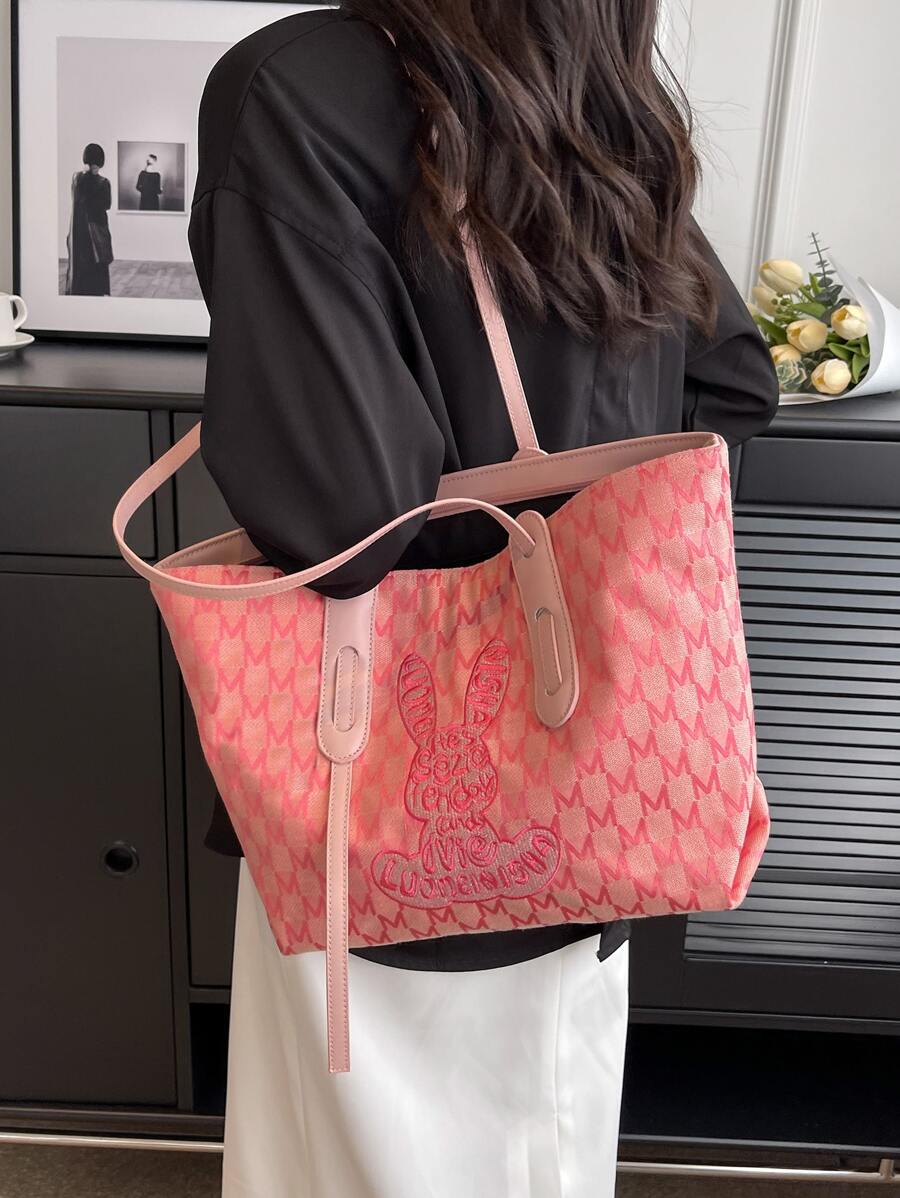 Large Capacity Shoulder Tote Bag Rabbit Embroidery Design - Pink - View 1