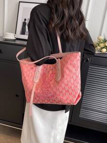 Large Capacity Shoulder Tote Bag Rabbit Embroidery Design - Pink - View 3