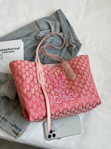 Large Capacity Shoulder Tote Bag Rabbit Embroidery Design - Pink - View 7