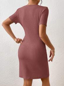 SHEIN Frenchy Solid Drawstring Side Ribbed Knit Dress - Redwood - View 2