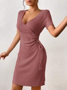 SHEIN Frenchy Solid Drawstring Side Ribbed Knit Dress - Redwood - View 6