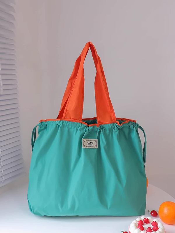 Large Drawstring Tote Bag, Washable Supermarket Shopping Bag, Foldable Handheld Storage Bag For Groceries (Random Printed Letters On All Cloth Labels)
