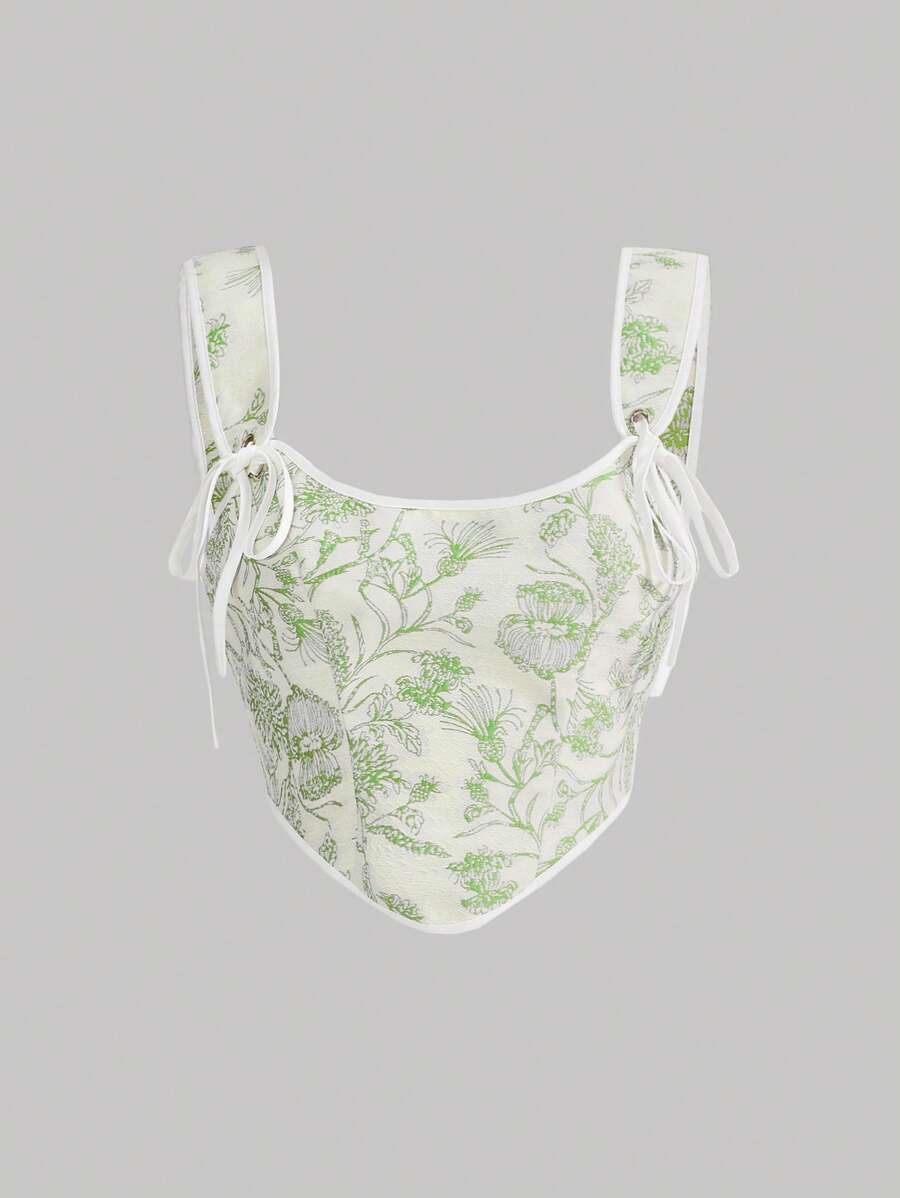 SHEIN MOD Floral Print Knot Front Wide Strap Top - Mint Green - View 1