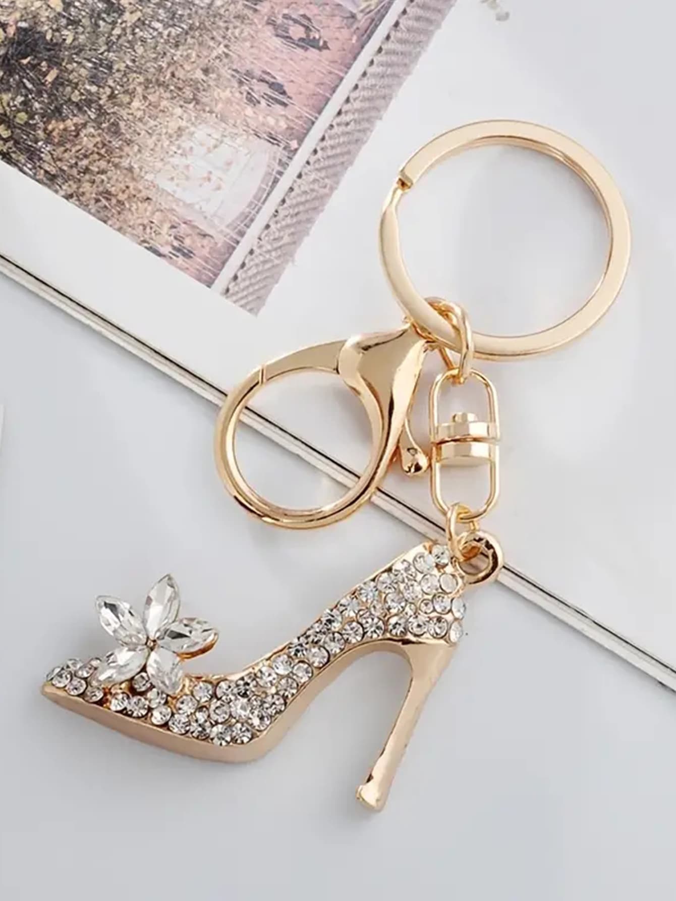 1pc Rhinestone Embedded High Heel Shoe/Dolphin/Airplane/Rose/Peach Lovely Keychain Car Accessories Bag Charm School Cute Goth Y2k - Gold - View 1