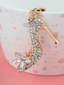 1pc Rhinestone Embedded High Heel Shoe/Dolphin/Airplane/Rose/Peach Lovely Keychain Car Accessories Bag Charm School Cute Goth Y2k - Gold - View 3