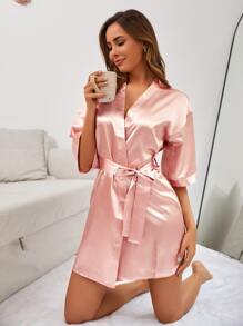 RueChic Bata con estampado de letra con cinturón de satén - Rosa - Ver 4