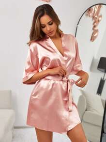 RueChic Bata con estampado de letra con cinturón de satén - Rosa - Ver 5