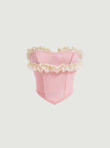 SHEIN MOD 浪漫粉色紧身胸衣约会夜上衣蝴蝶结前褶饰边头巾下摆短款抹胸上衣 - 淺粉色 - 查看 2