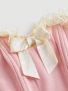 SHEIN MOD 浪漫粉色紧身胸衣约会夜上衣蝴蝶结前褶饰边头巾下摆短款抹胸上衣 - 淺粉色 - 查看 3