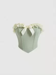 SHEIN MOD Áo nữ Bất đối xứng Tương phản ren Nơ trước màu trơn Thanh lịch - Màu xanh Bạc hà - Xem 1