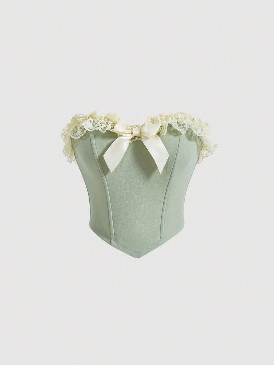 SHEIN MOD Áo nữ Bất đối xứng Tương phản ren Nơ trước màu trơn Thanh lịch - Màu xanh Bạc hà - Xem 1