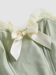 SHEIN MOD Áo nữ Bất đối xứng Tương phản ren Nơ trước màu trơn Thanh lịch - Màu xanh Bạc hà - Xem 3
