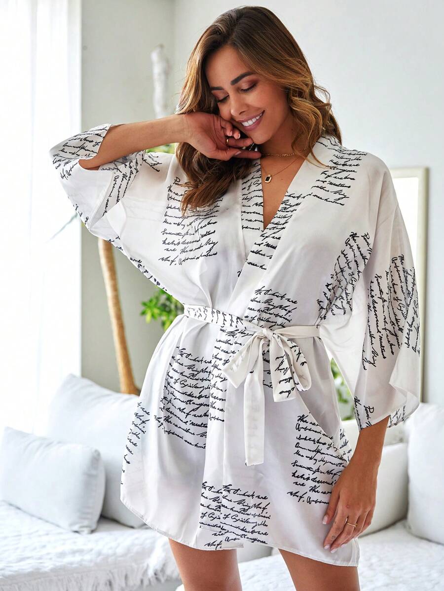 RueChic Slogan Graphic Belted Robe - White - View 1