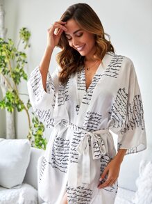 RueChic Slogan Graphic Belted Robe - White - View 3