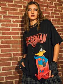 WB 100th | ROMWE Slogan Đồ họa Hoạt hình Áo thun Thả vai - màu đen - Xem 1