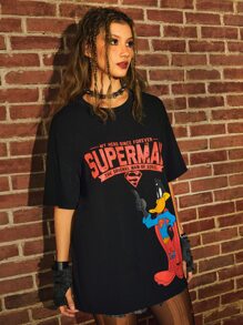 WB 100th | ROMWE Slogan Đồ họa Hoạt hình Áo thun Thả vai - màu đen - Xem 5