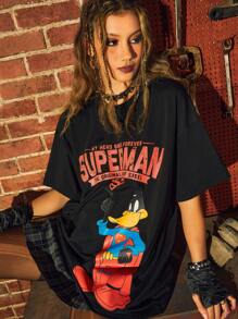 WB 100th | ROMWE Slogan Đồ họa Hoạt hình Áo thun Thả vai - màu đen - Xem 6