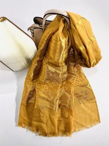 新款女士滌綸圍巾帶金屬亮絲和短流蘇,時尚和休閒素色披肩 - 芥末黃 - 查看 2