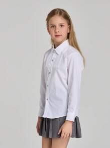 Camicia bianca a maniche lunghe con pieghe e bottoni luccicanti per ragazze pre-adolescenti, abbigliamento per uniforme scolastica formale, per il rientro a scuola