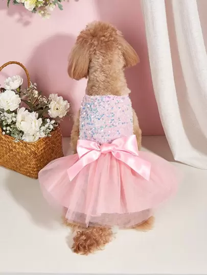 1pc Bow Decor Dog Dress, Adorable Puppy Dress, Ballet Tutu Dress, Sparkly Princess Cat Dress, Summer Birthday Party, Pet Dress Suitable For Small/Medium/Large Dogs & Cats
