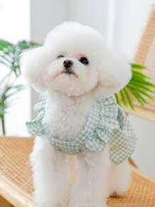 1入組格紋印花寵物連衣裙適用於狗狗和貓適合夏天 - 彩色 - 查看 2