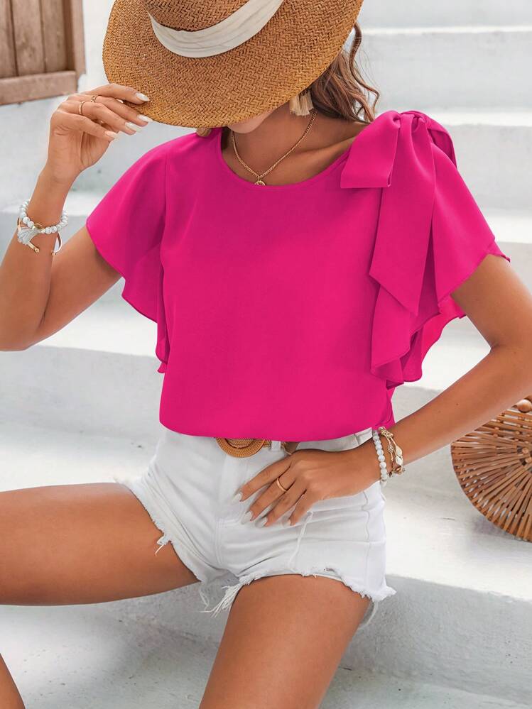 Breezaya Blouse unicolore à épaule nœud manches papillon - Rose vif - Voir 6
