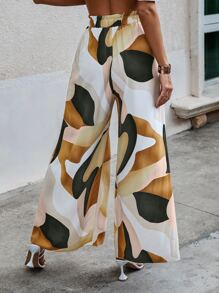 SHEIN VCAY Geo Print Split Thigh Belted Wide Leg Trousers - Multicolor - View 2