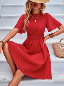 SHEIN Holidaya Solid Butterfly Sleeve A-line Dress - Red - View 3
