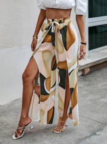 SHEIN VCAY Geo Print Split Thigh Belted Wide Leg Trousers - Multicolor - View 3