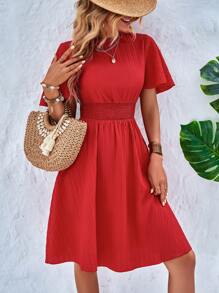 SHEIN Holidaya Solid Butterfly Sleeve A-line Dress - Red - View 5