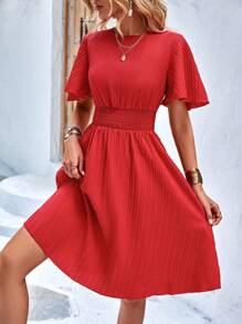 SHEIN Holidaya Solid Butterfly Sleeve A-line Dress - Red - View 6