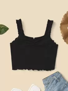 RueChic Teen Girls Lettuce Trim Ruched Front Wide Straps Top - Black - View 1