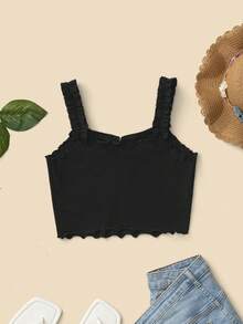 RueChic Teen Girls Lettuce Trim Ruched Front Wide Straps Top - Black - View 2