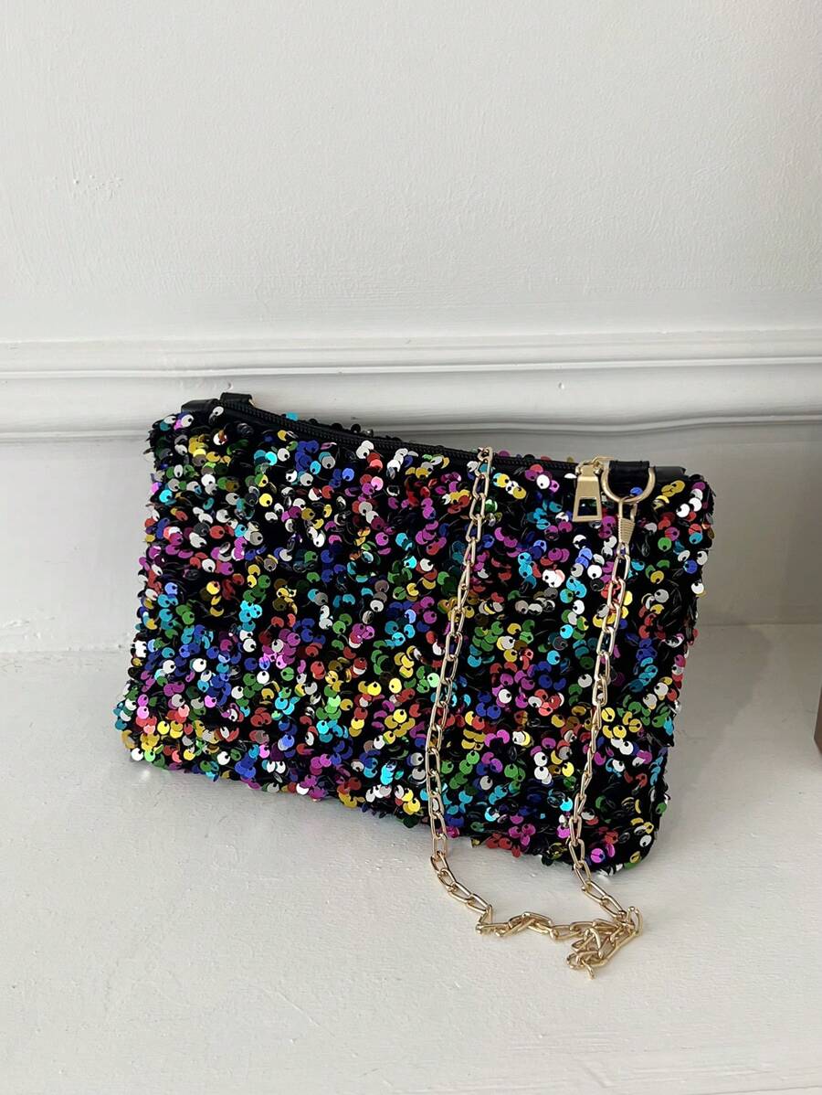 Fashion Glitter Sequin Rectangle Shoulder Bag, Zipper Closure, Adjustable Strap, Personalized & Versatile Small Clutch Bag
