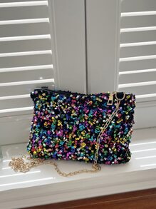Fashion Glitter Sequin Rectangle Shoulder Bag, Zipper Closure, Adjustable Strap, Personalized & Versatile Small Clutch Bag