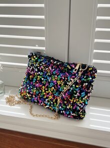 Fashion Glitter Sequin Rectangle Shoulder Bag, Zipper Closure, Adjustable Strap, Personalized & Versatile Small Clutch Bag