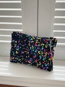 Fashion Glitter Sequin Rectangle Shoulder Bag, Zipper Closure, Adjustable Strap, Personalized & Versatile Small Clutch Bag