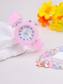 1入組女士粉色橡膠錶帶時尚圓形錶盤石英表和2入組首飾類適用於日常生活 - 粉色 - 查看 3