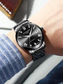 1pc Black Stainless Steel Strap Business Date Tourbillon Glow In The Dark Waterproof Round Dial Mechanical Watch, For Daily Life - Black - View 2