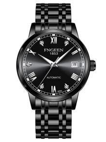 1pc Black Stainless Steel Strap Business Date Tourbillon Glow In The Dark Waterproof Round Dial Mechanical Watch, For Daily Life - Black - View 3