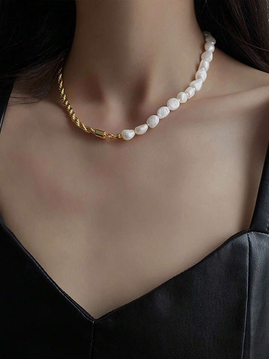 1 chiếc vòng cổ trang trí ngọc trai giả thời trang dành cho phụ nữ để trang trí hàng ngày - Vàng - Xem 1